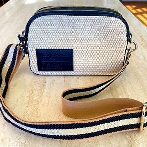TED BAKER LONDON Leather and Raffia Crossbody | 9W x 6T x 2D | Natural and Black